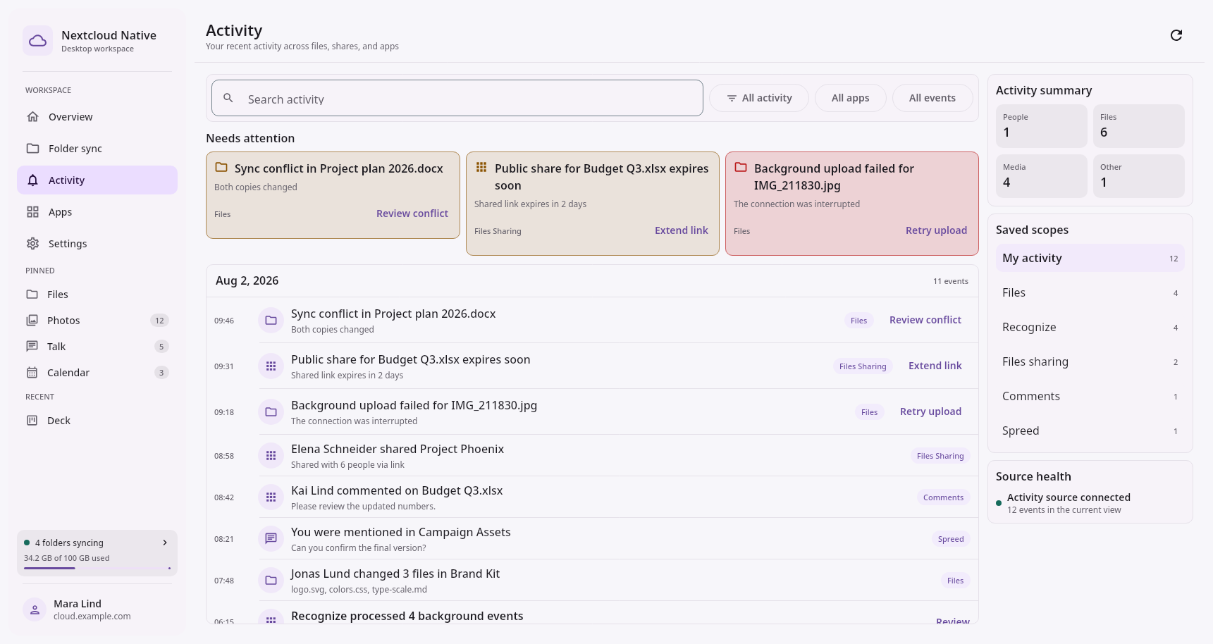 Activity Attention-first activity workspace: Grouped automation and actionable events