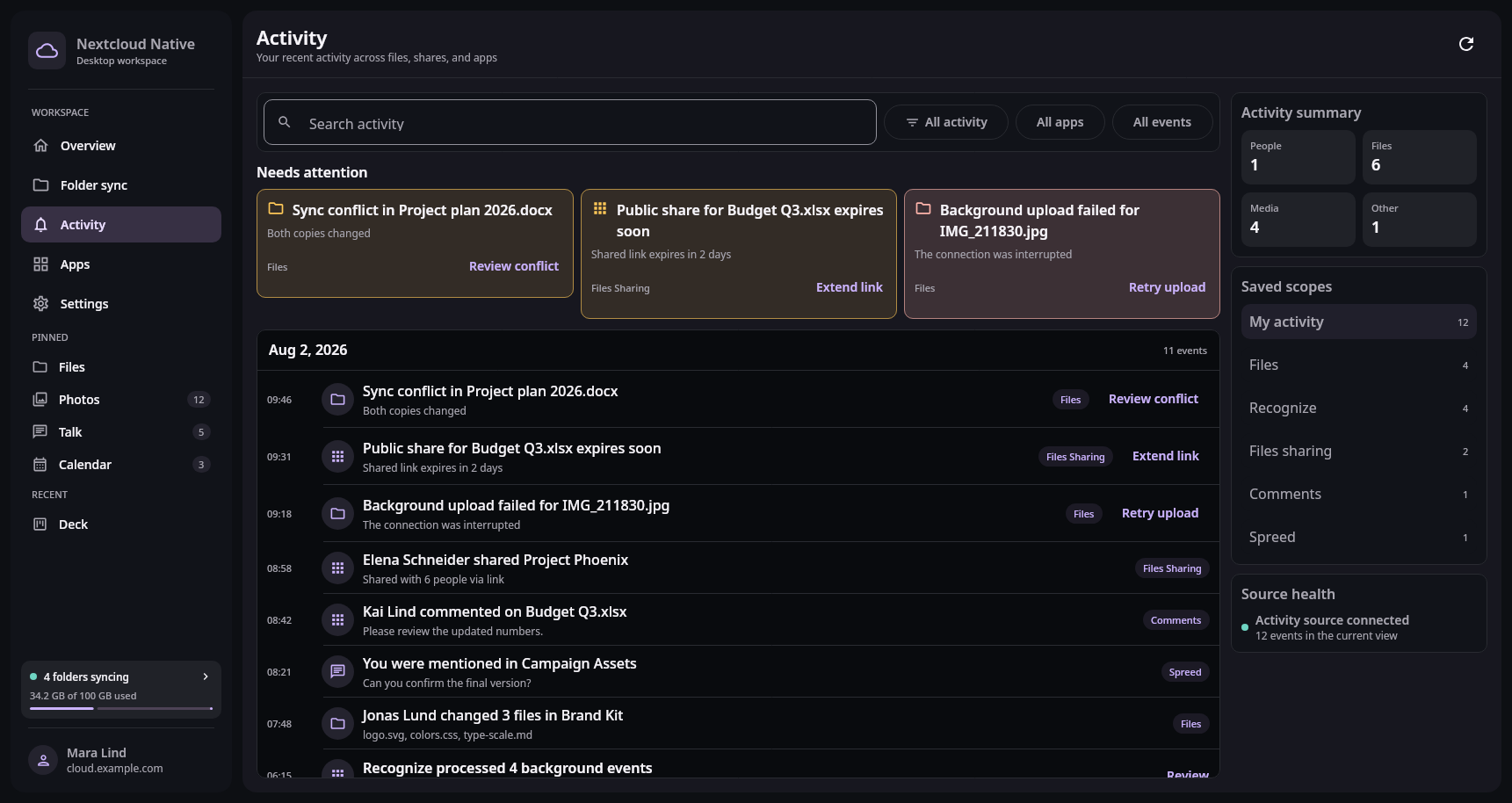 Activity Attention-first activity workspace: Grouped automation and actionable events