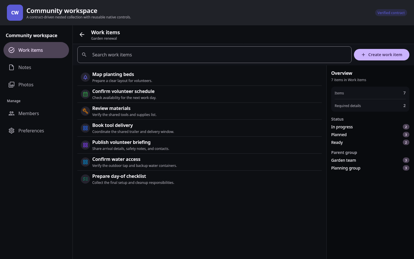 Nextcloud Native rendering a synthetic community inventory as a native data table after recognizing verified typed fields