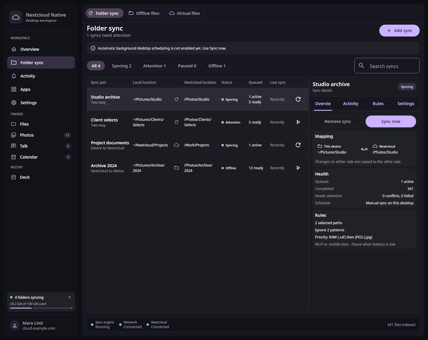 Nextcloud Native desktop folder sync center showing several synthetic folder pairs, live progress, a conflict, and a detailed inspector