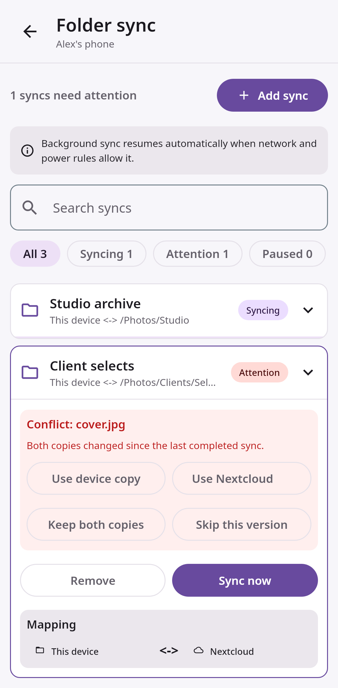 File sync Folder sync center: Conflict recovery and mapping health
