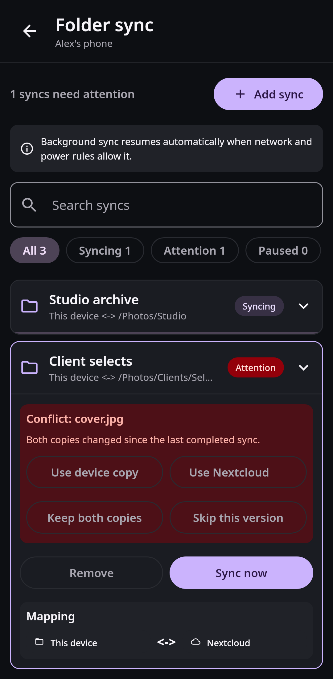 File sync Folder sync center: Conflict recovery and mapping health
