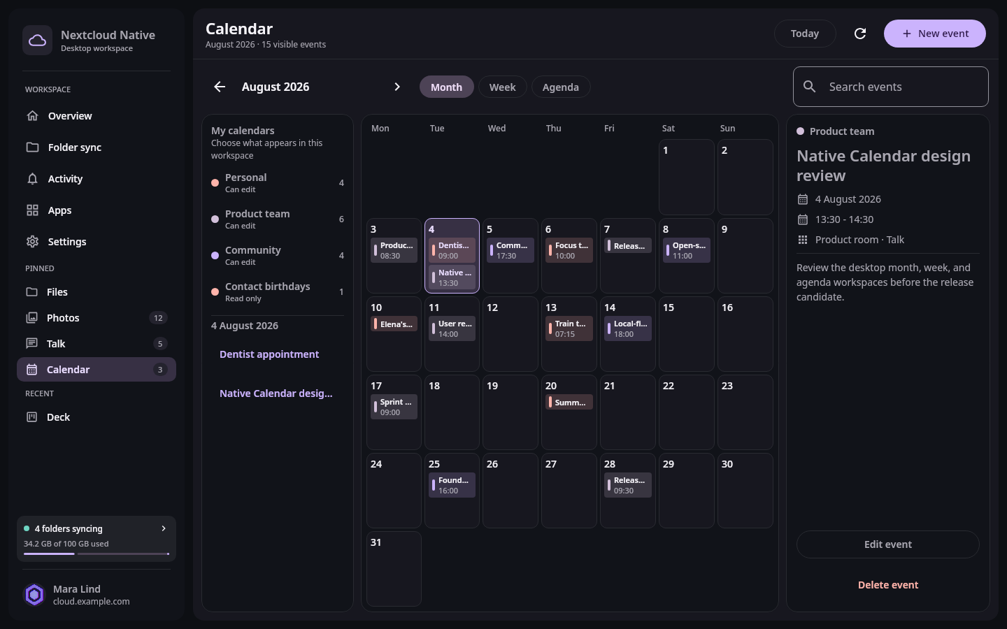 Desktop Calendar workspace with calendar sources, a populated month grid, selected-day events, event details, and persistent Nextcloud navigation