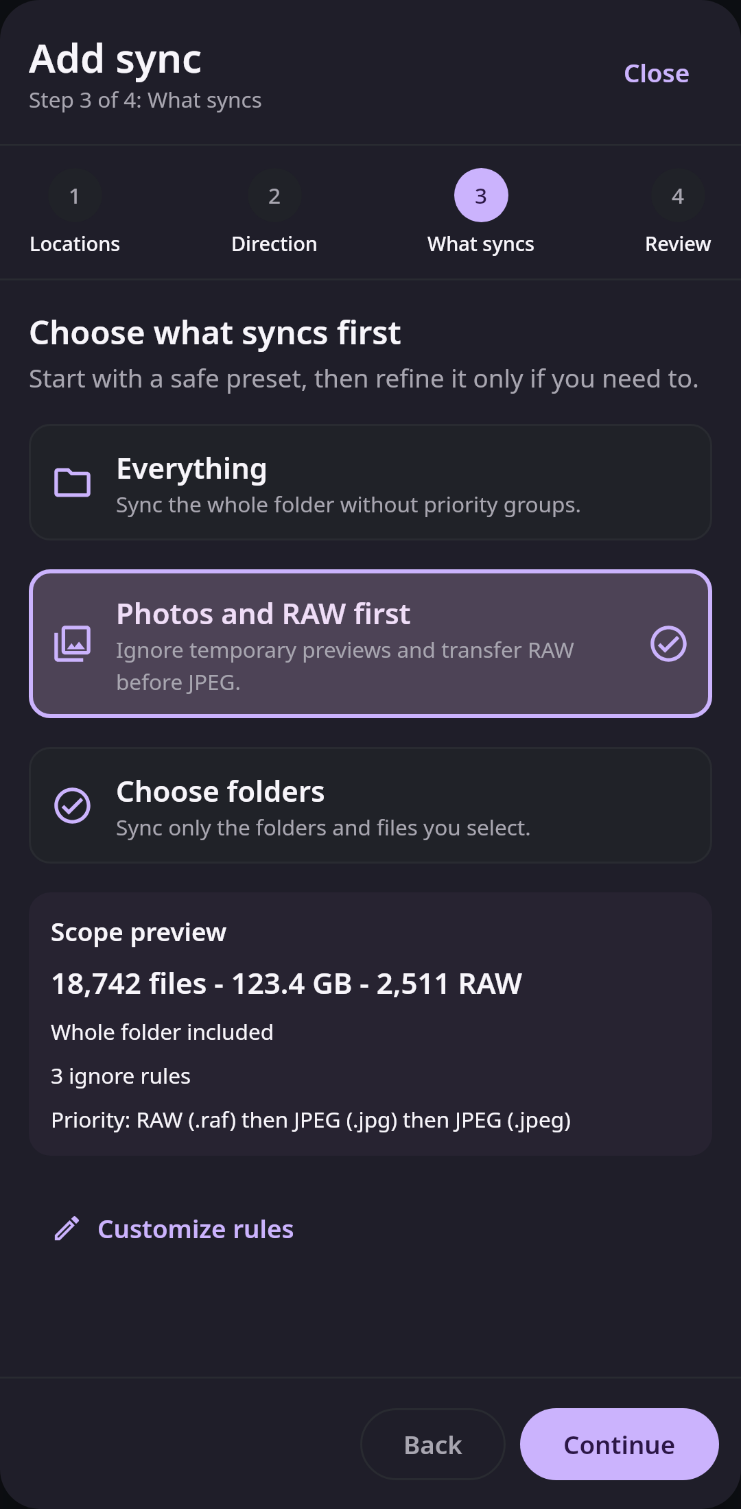 Folder sync rules step with conflict handling, network and power policies, ignored patterns, priority rules, and a scope summary