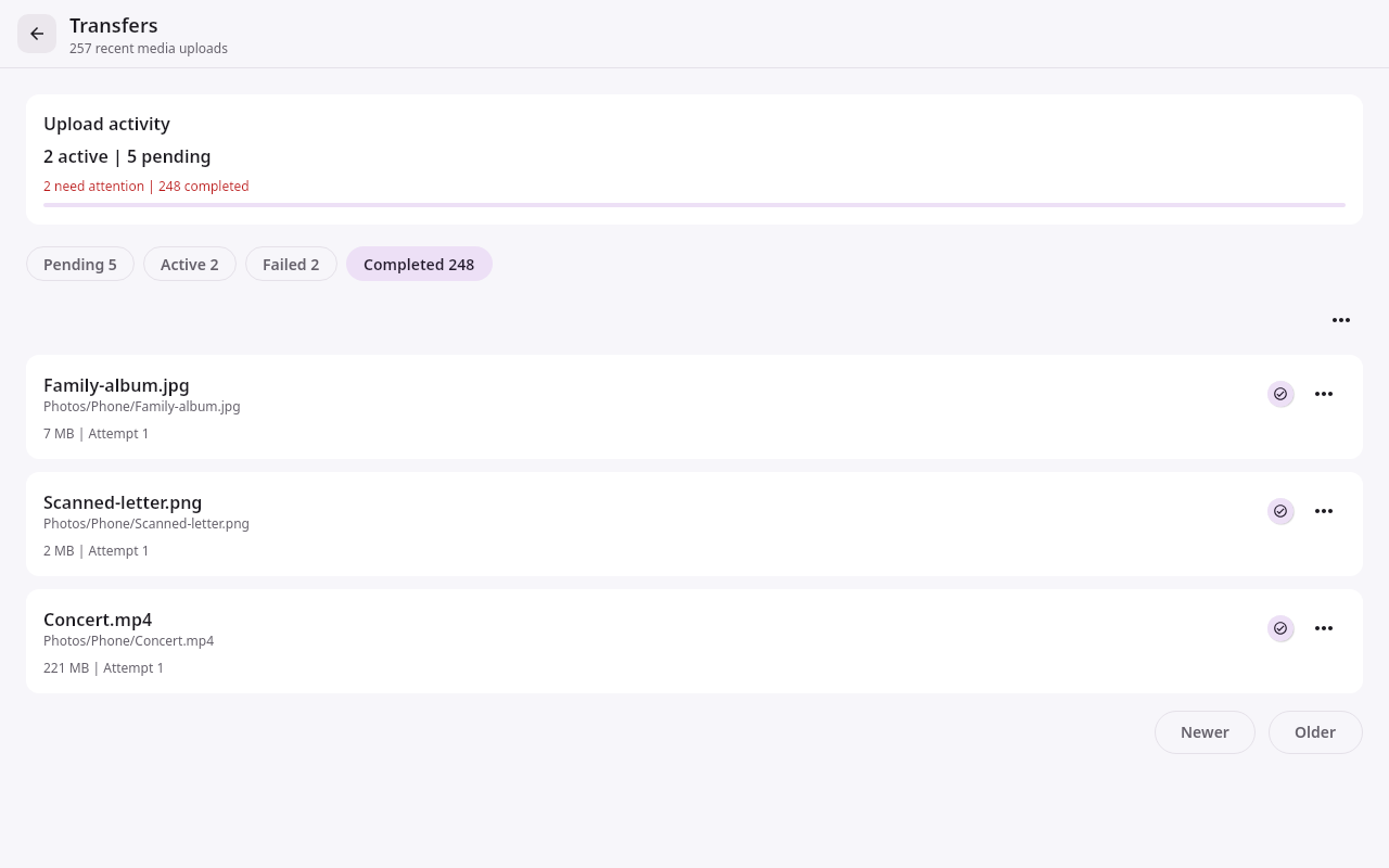 Guides Offline files: Transfer history