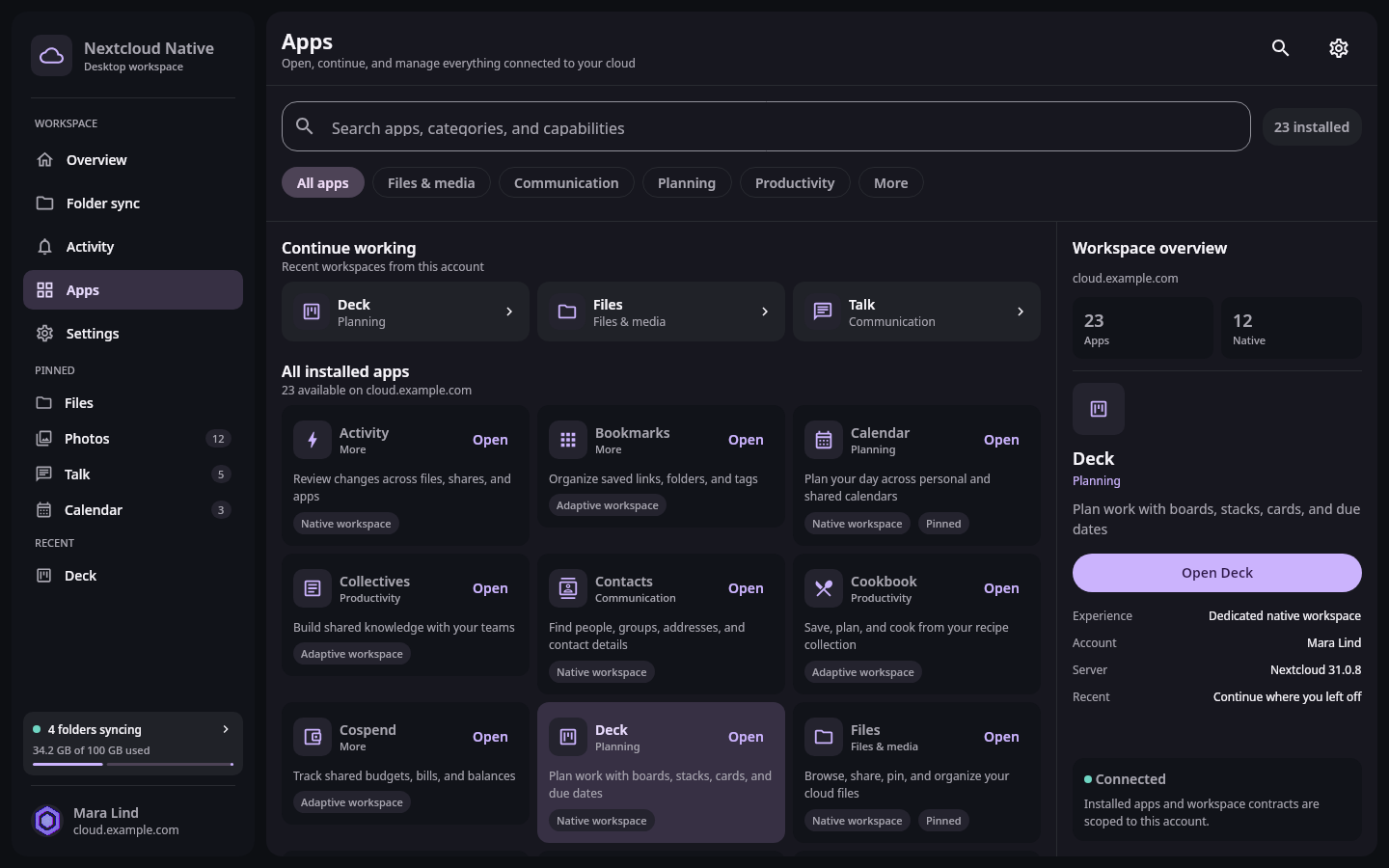 Apps workspace with pinned apps, recent work, app categories, installed app cards, search, and a persistent account sidebar