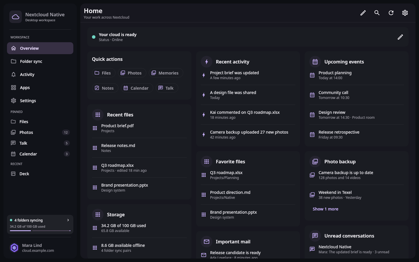 Nextcloud Native desktop home view with account status, recent files, activity, events, and photo backup
