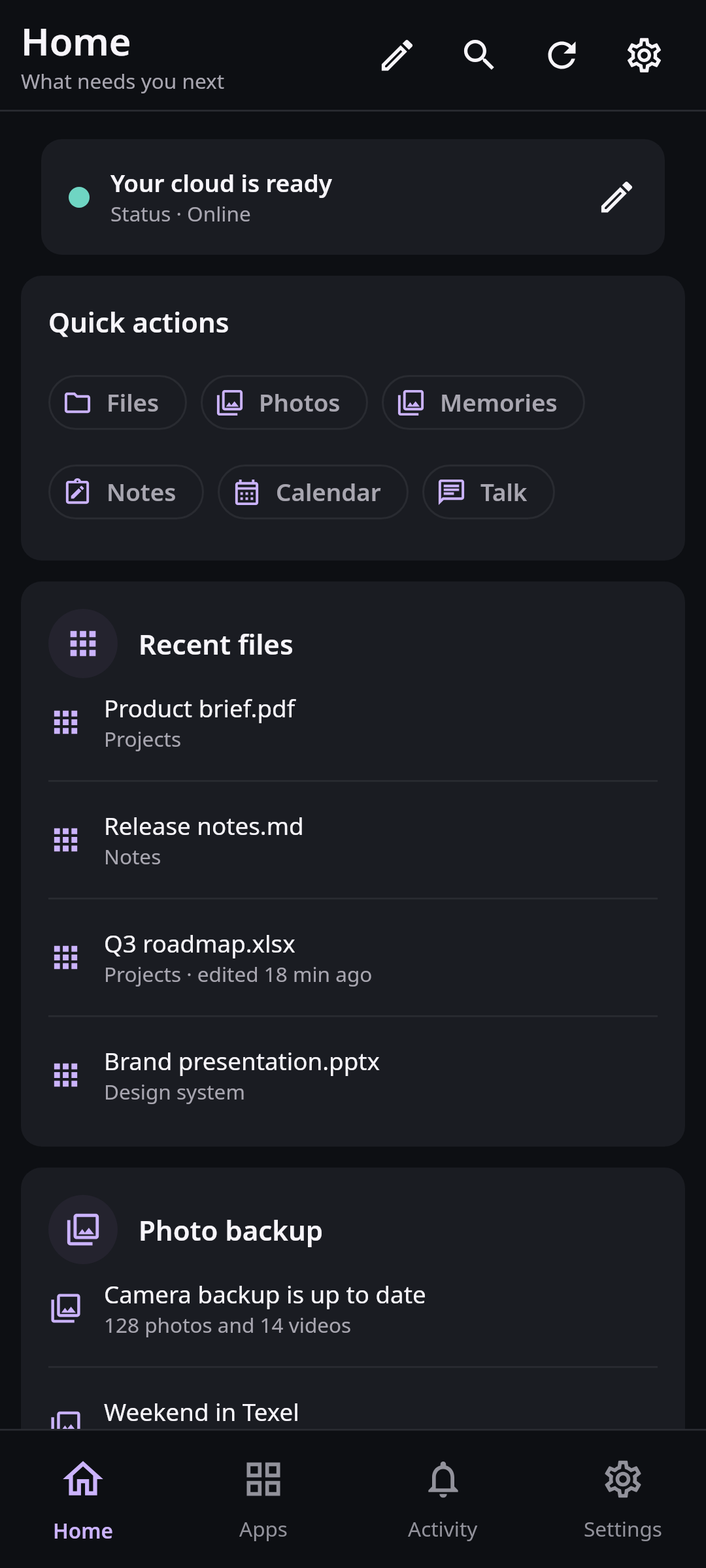 Nextcloud Native mobile home with files, conversations, events, and sync status