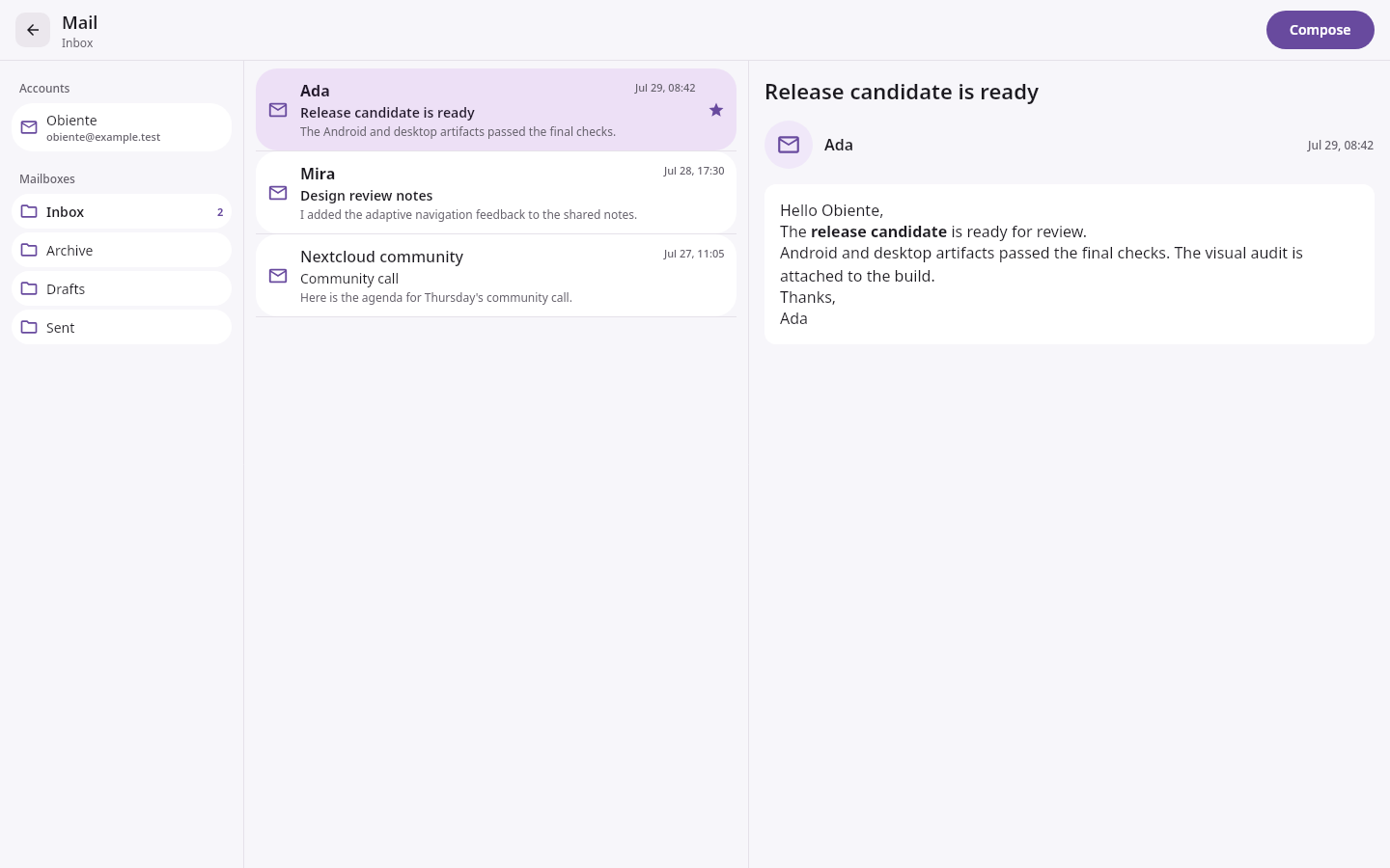 Mail Adaptive mailbox workspace: Inbox message selected