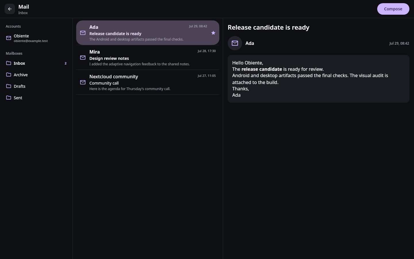 Mail Adaptive mailbox workspace: Inbox message selected