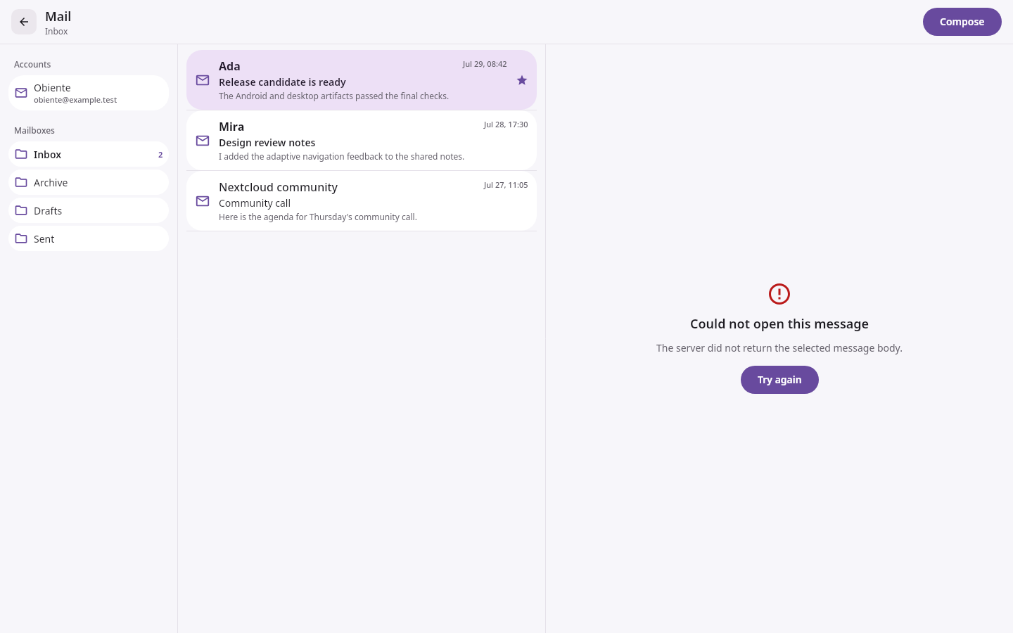 Mail Adaptive mailbox workspace: Message body error
