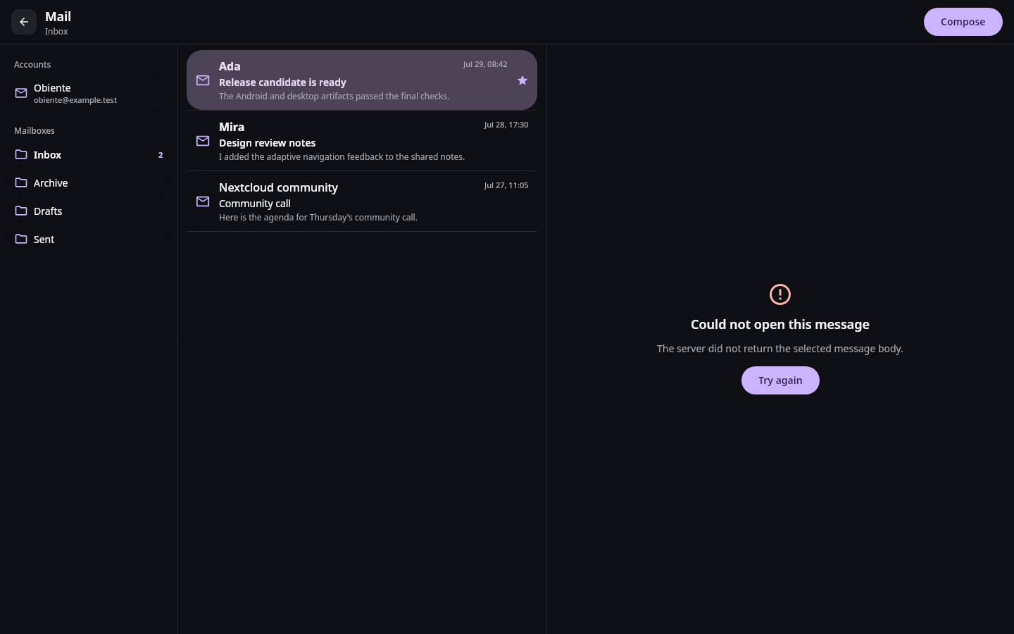 Mail Adaptive mailbox workspace: Message body error