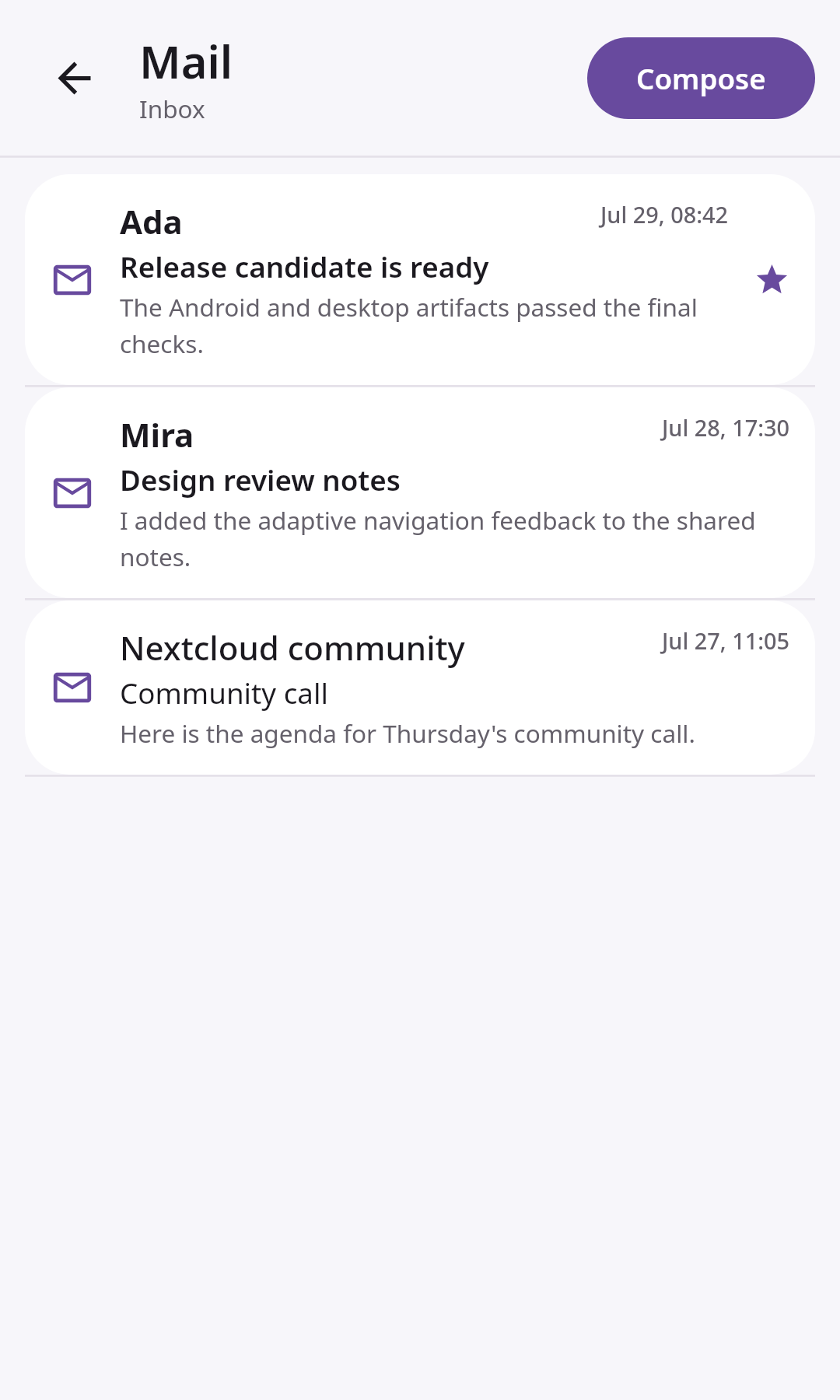 Mail Adaptive mailbox workspace: Inbox message list