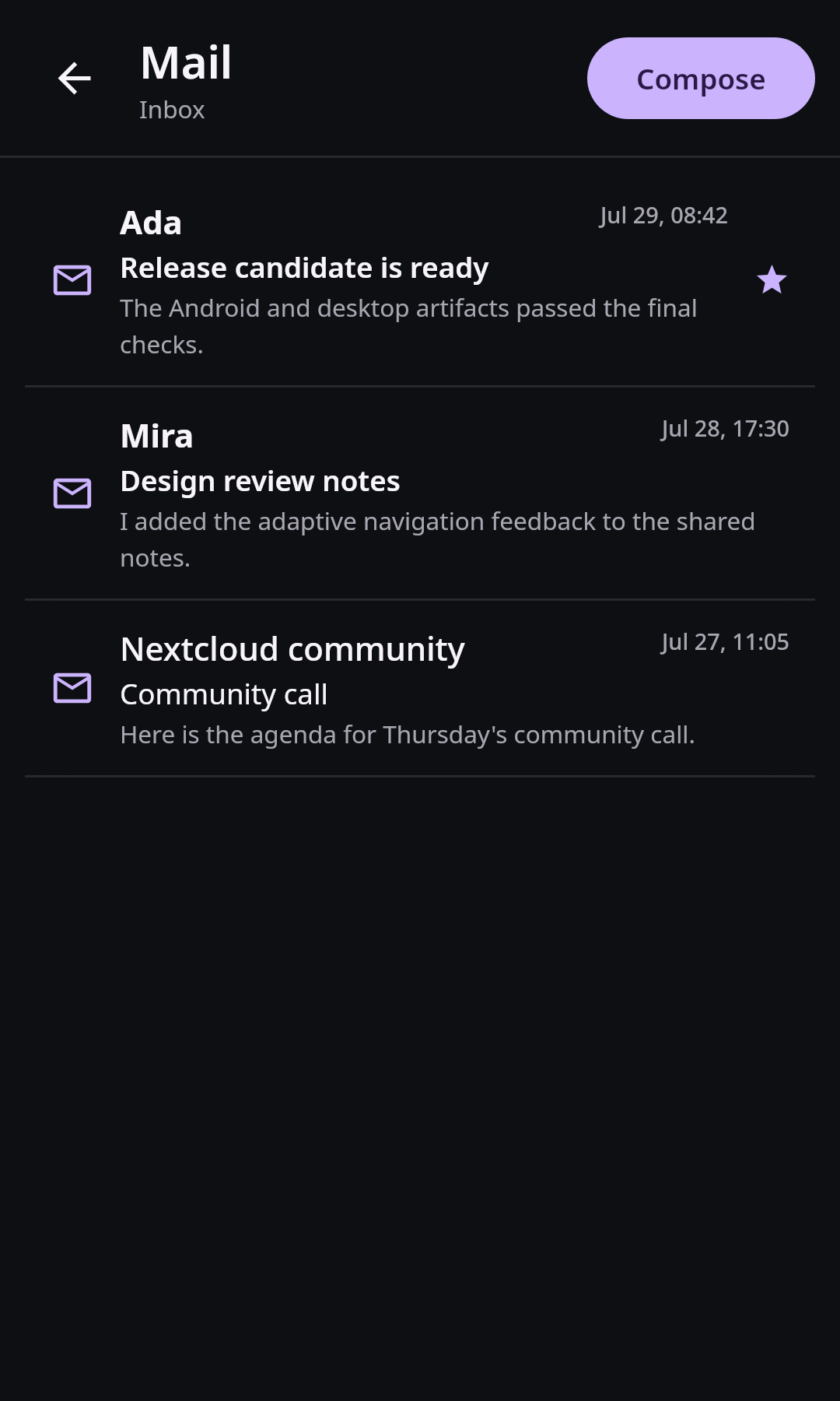 Mail Adaptive mailbox workspace: Inbox message list