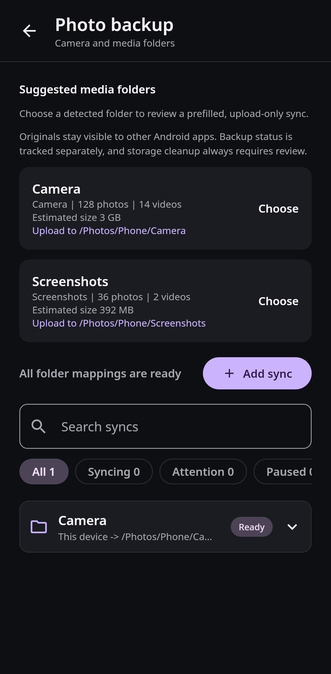 Nextcloud Native showing detected Camera and Screenshots folders plus pending and completed photo backup counts on mobile