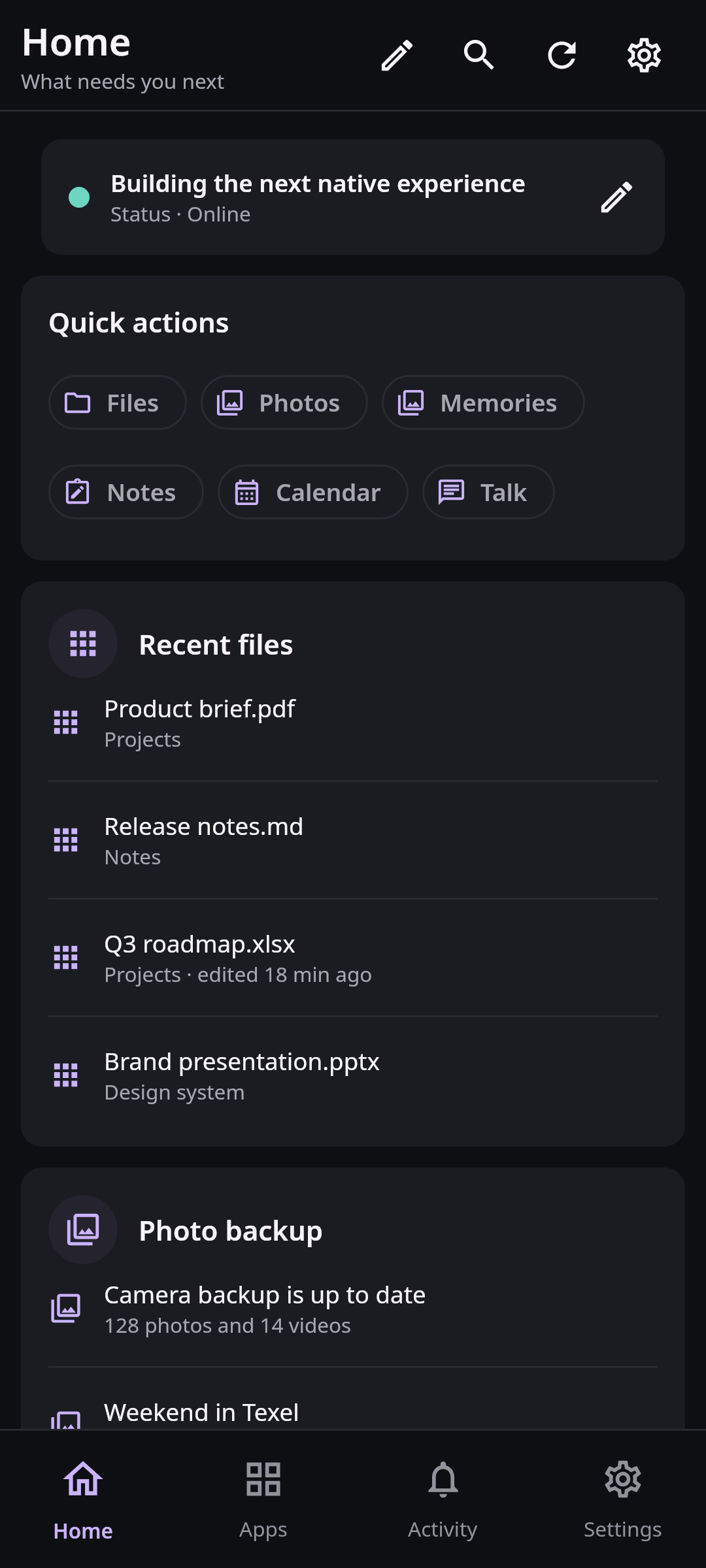 Workspace Home dashboard: Ready