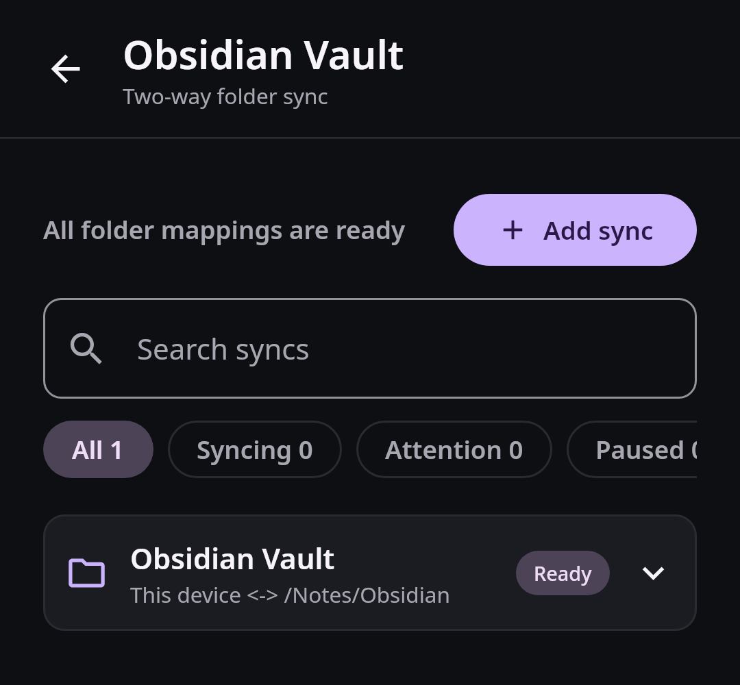 Nextcloud Native showing a synthetic Obsidian vault two-way sync pair with pending and completed transfer counts on mobile