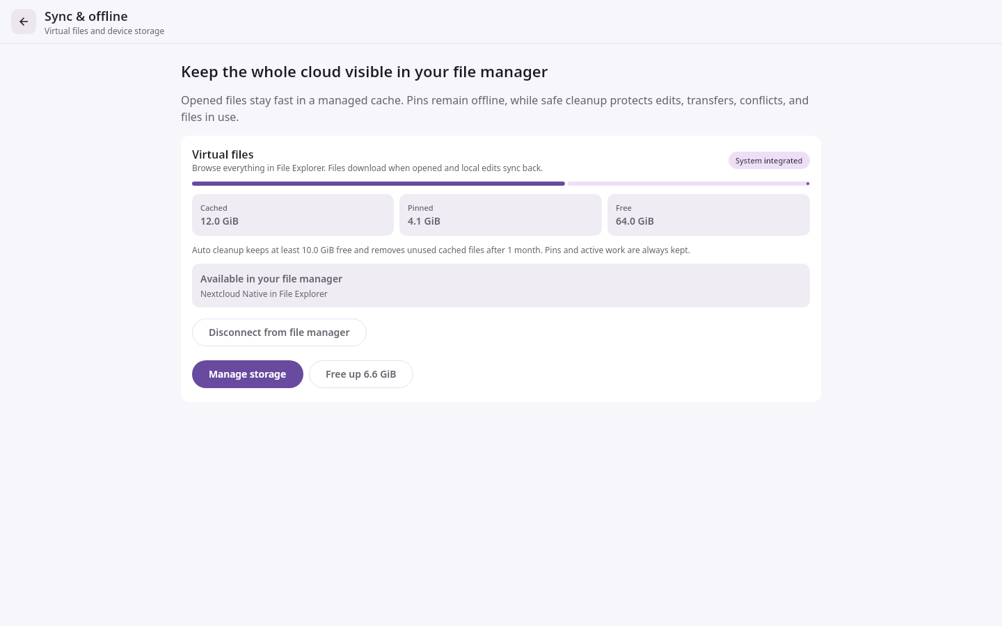 Virtual files Storage overview: Hydrated cache, pins, and free-up action